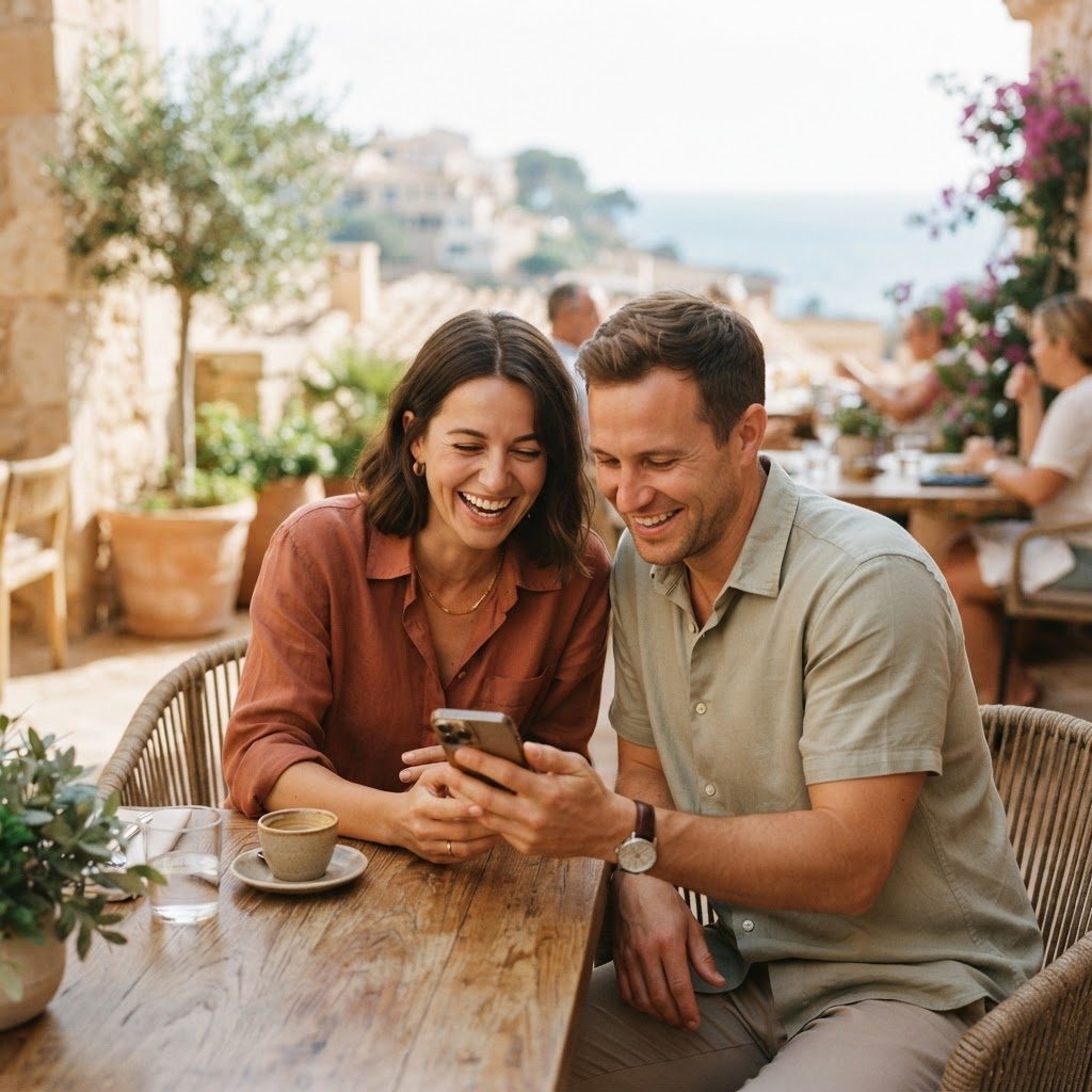Two members looking at a match notification together on a sunny terrace