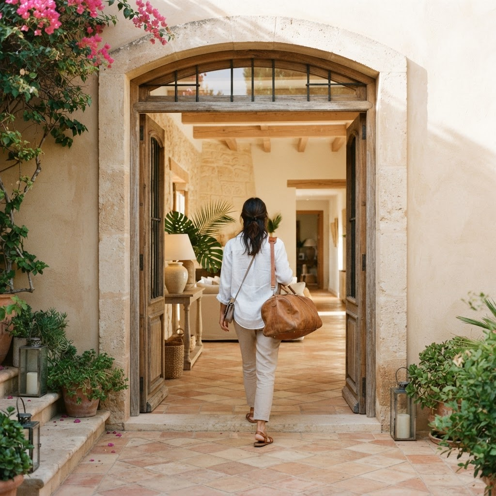 A member arriving through the entrance of a premium villa with a travel bag
